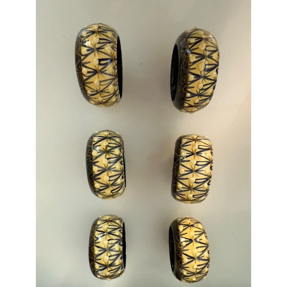 Vintage Set 6 Papier Mache Dotted‎ Napkin Rings Wood Hand Painted Circa 1970 EUC